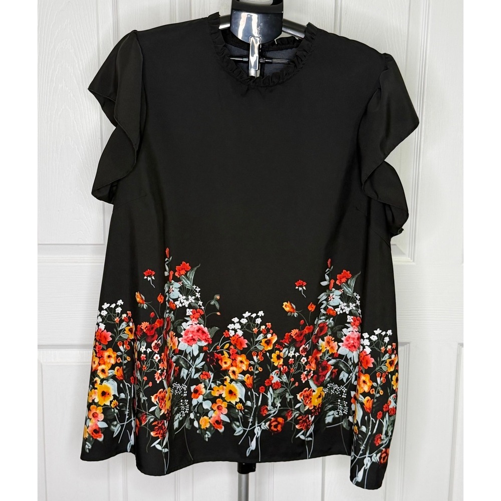 SHEIN Curve Womens 5XL Black Floral Ruffle Sleeve Tunic Blouse Plus Size